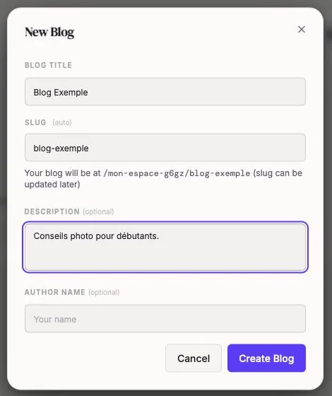 New Blog window with title, slug and description