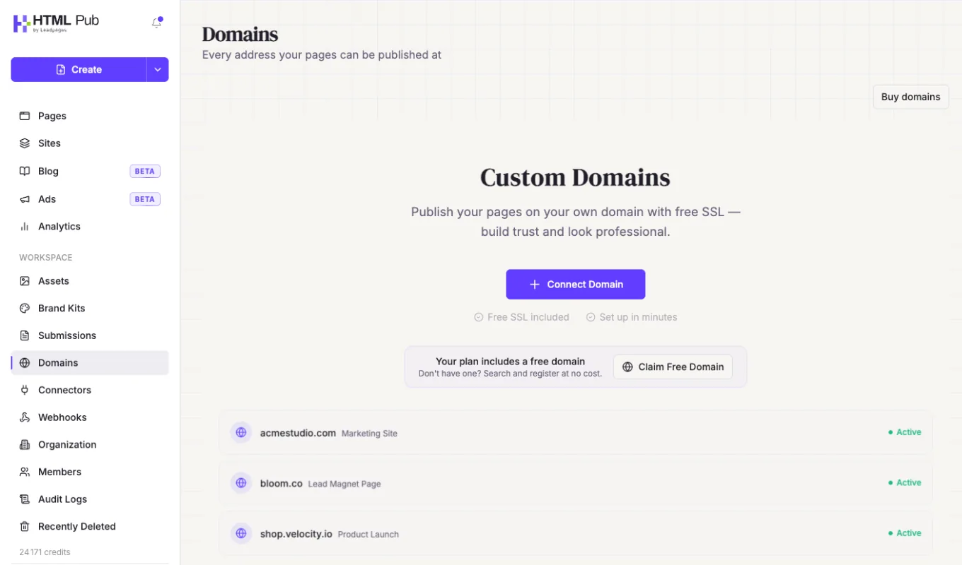 Page Domains avec « Connect Domain » et « Claim Free Domain »