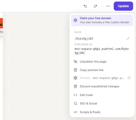 Menu « … » do editor: slug, SEO & Social, Scripts & Pixels