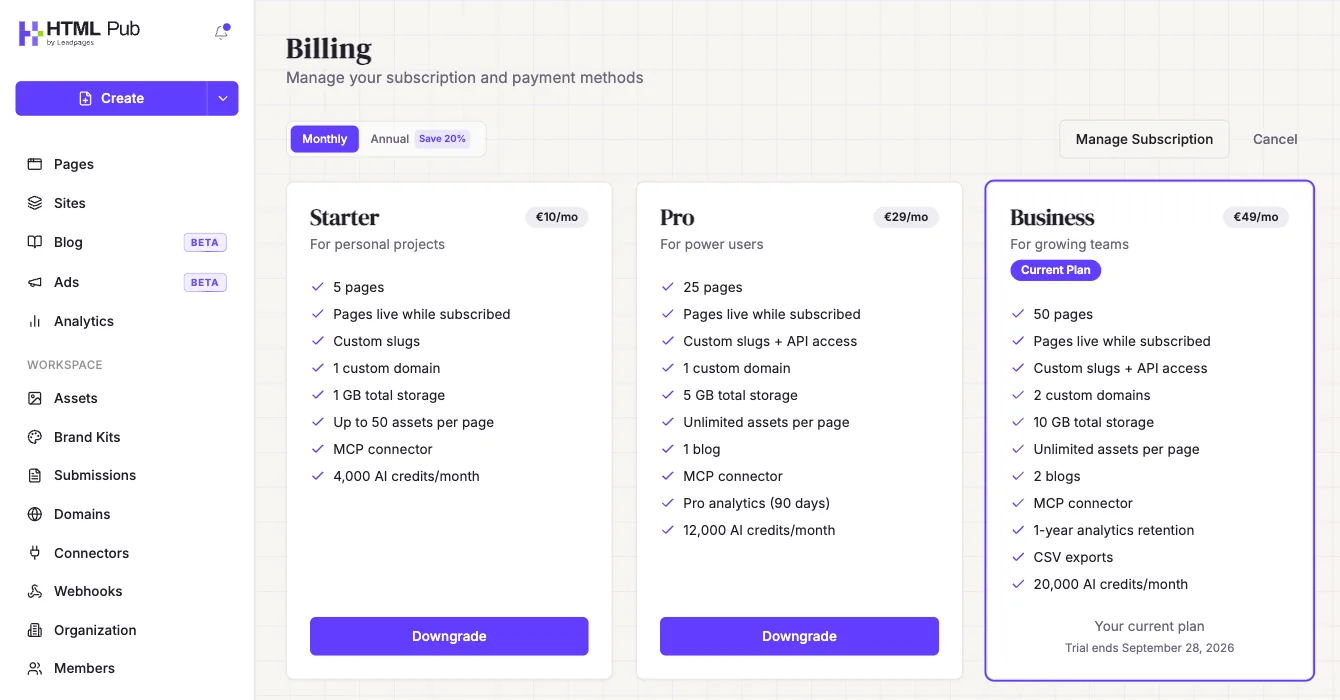 Página Billing: ofertas, « Current Plan », « Manage Subscription » e « Cancel »