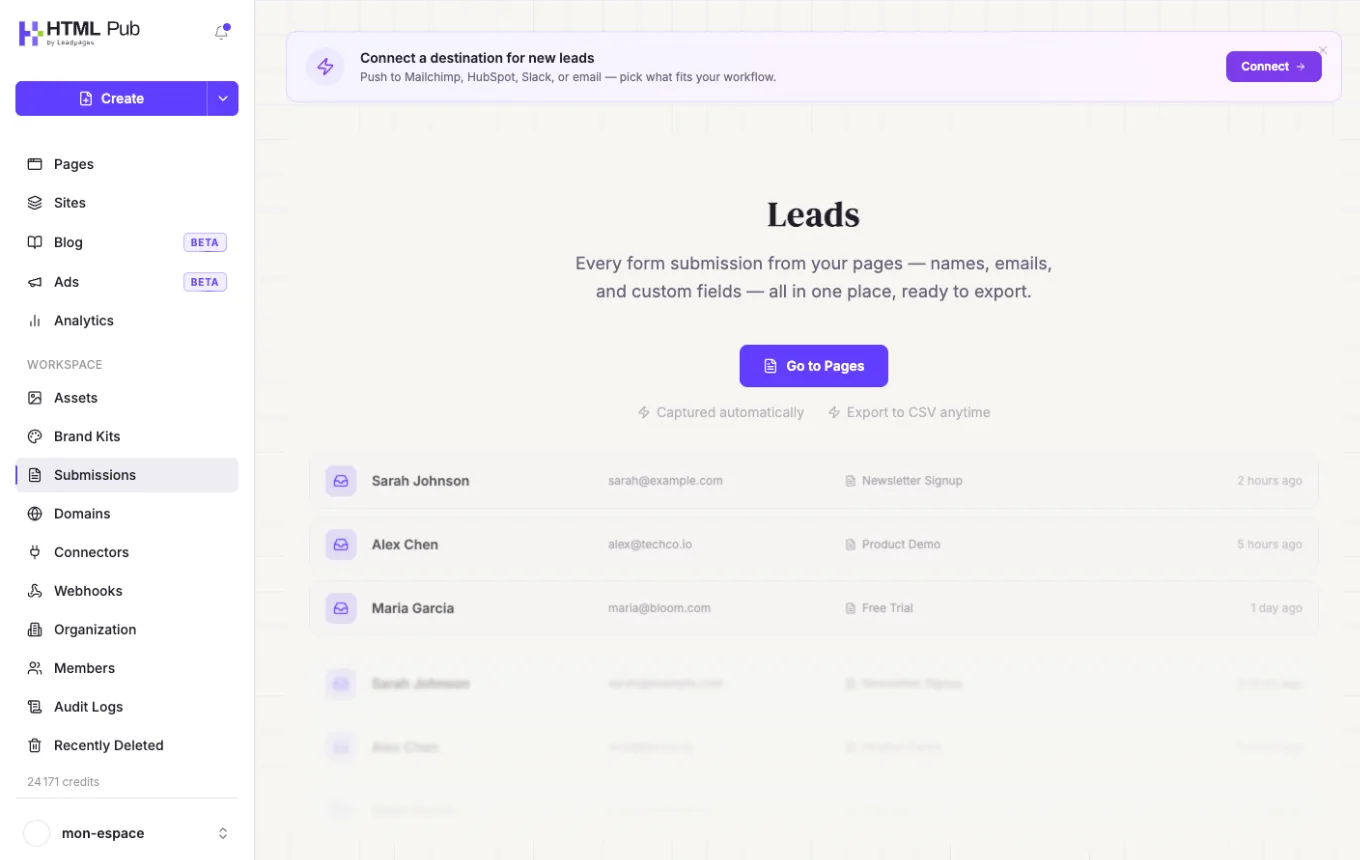 Page Submissions (Leads) avec les réponses des formulaires