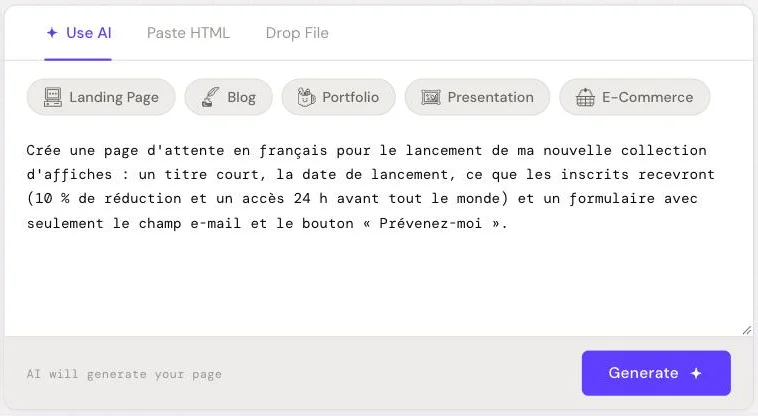 Description d'une page d'attente avec un formulaire e-mail dans l'assistant IA de HTML Pub