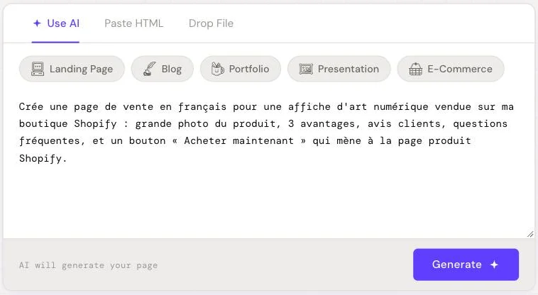 Descrição de uma página de vendas para um produto Shopify no assistente de IA do HTML Pub