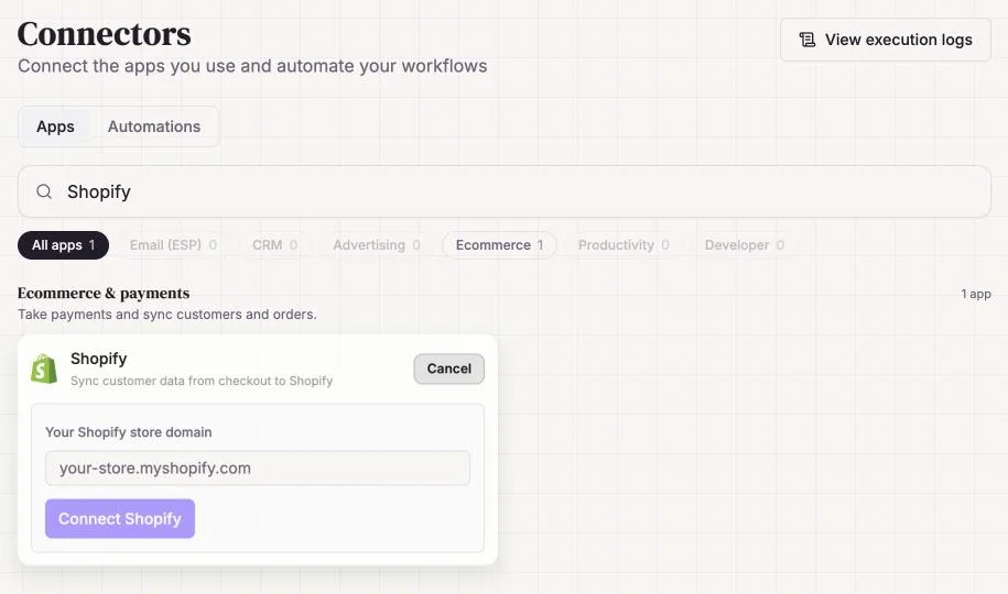 Connecteur Shopify dans HTML Pub