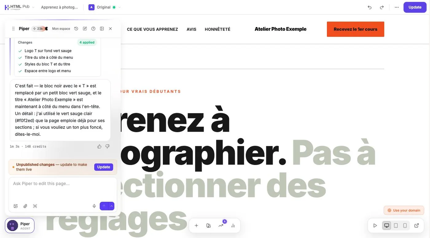 Éditeur : Piper applique une modification demandée