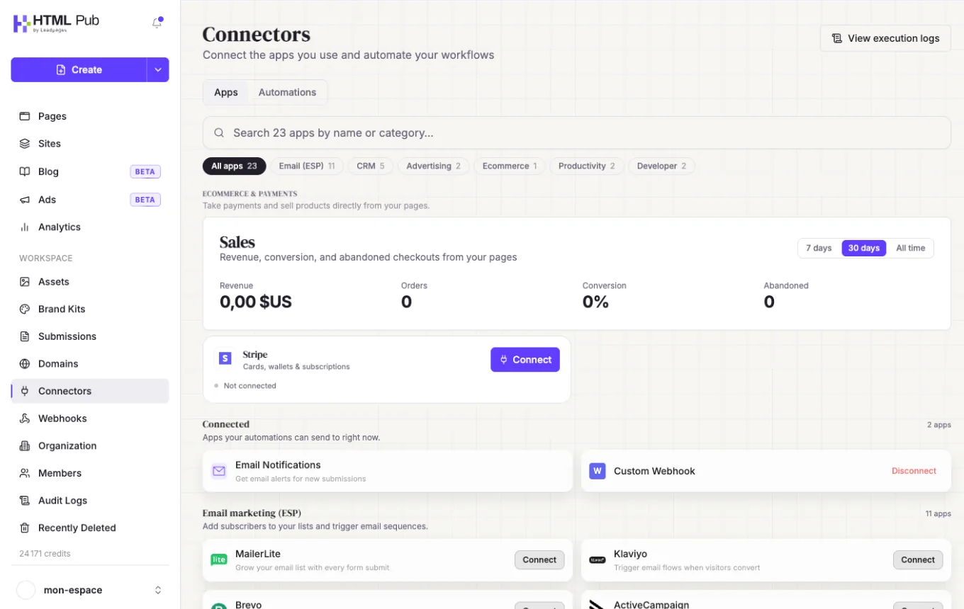 Page Connectors avec les applications e-mail à connecter