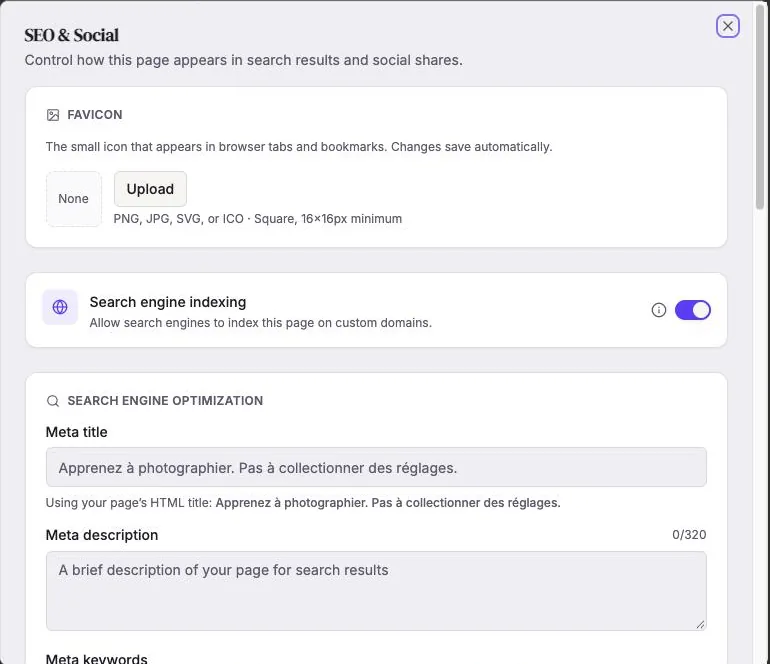 Réglages SEO et réseaux sociaux dans Leadpages : titre, description et image de partage