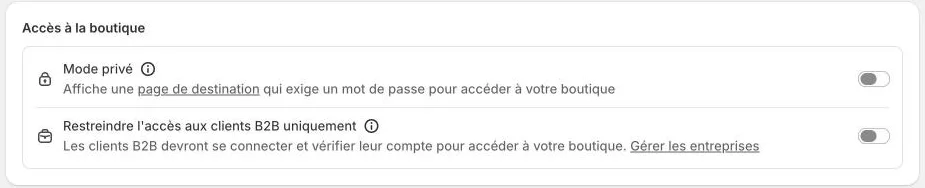 Boutique en ligne > Préférences : section Accès à la boutique avec l'option Mode privé