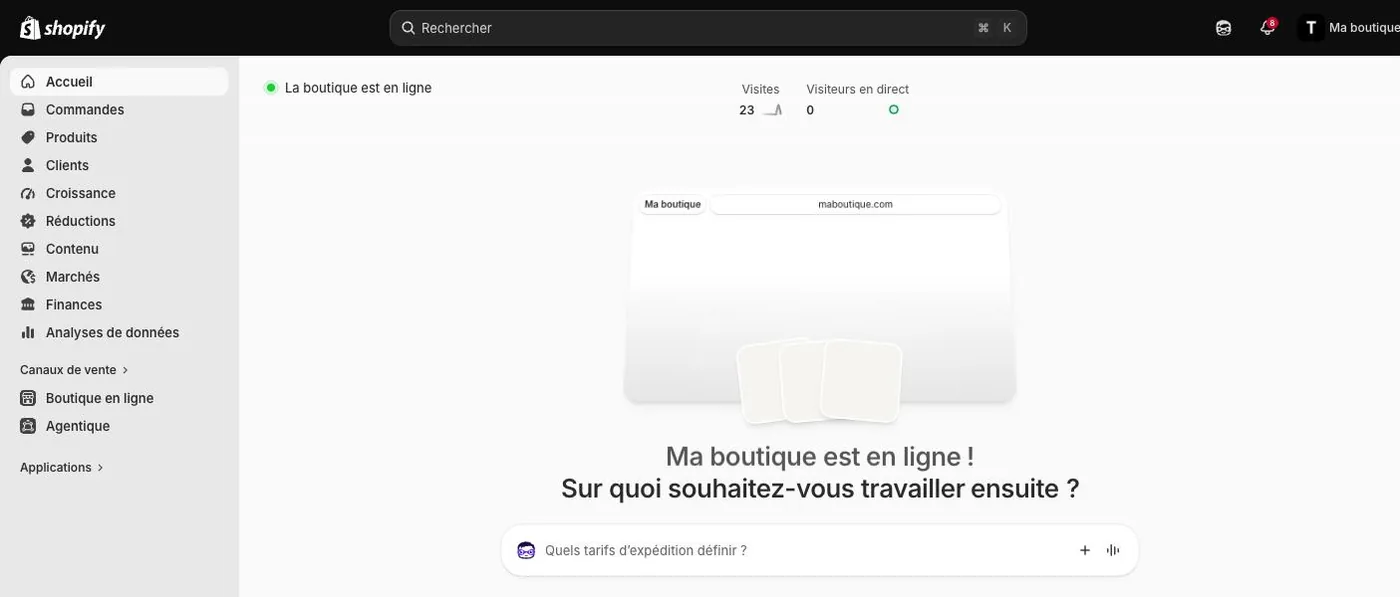Accueil de l'administration Shopify avec le menu et Sidekick
