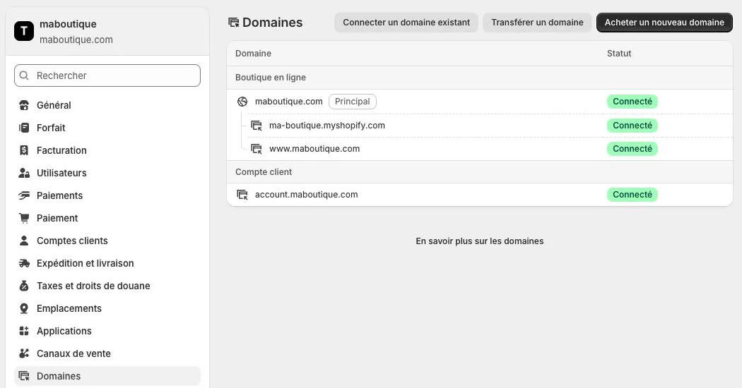 Paramètres > Domaines avec les domaines connectés