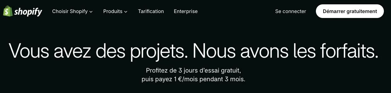 Page Tarification de Shopify : 3 jours d'essai, puis 1 €/mois pendant 3 mois