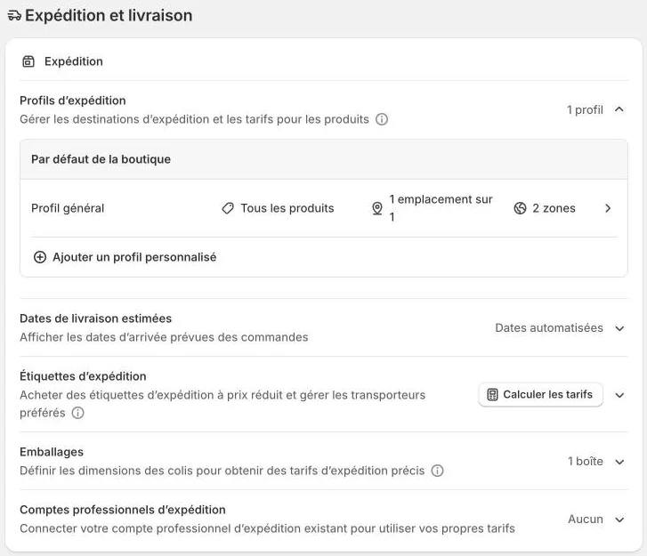 Paramètres > Expédition et livraison : profil général, dates de livraison estimées et emballages