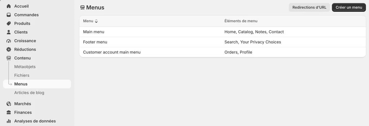 Contenu > Menus : menu principal, menu de pied de page et menu du compte client