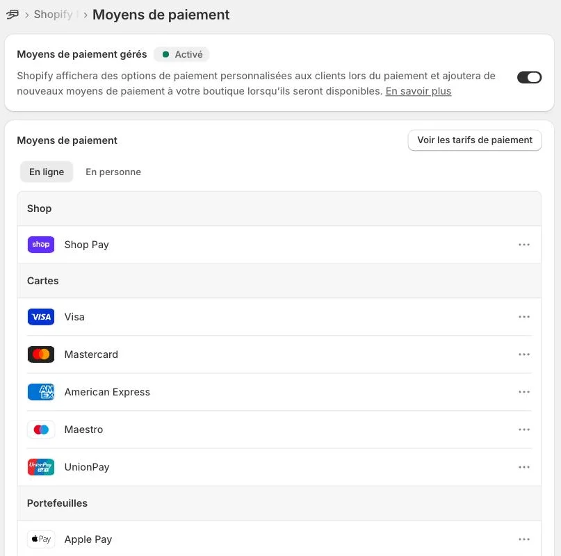 Liste des moyens de paiement en ligne : Shop Pay, Visa, Mastercard, American Express, Apple Pay