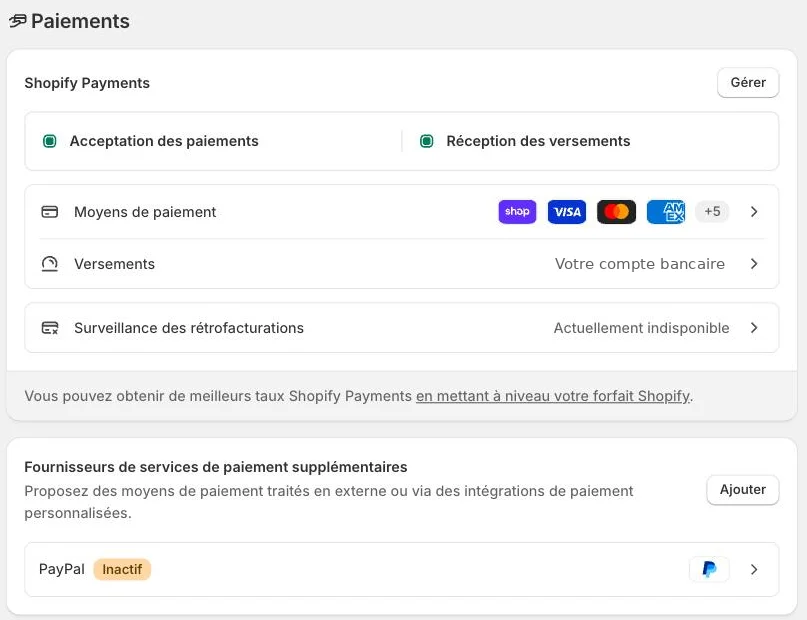 Paramètres > Paiements : Shopify Payments, moyens de paiement, versements et PayPal