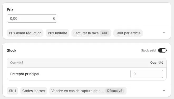 Sections Prix et Stock de la fiche produit Shopify