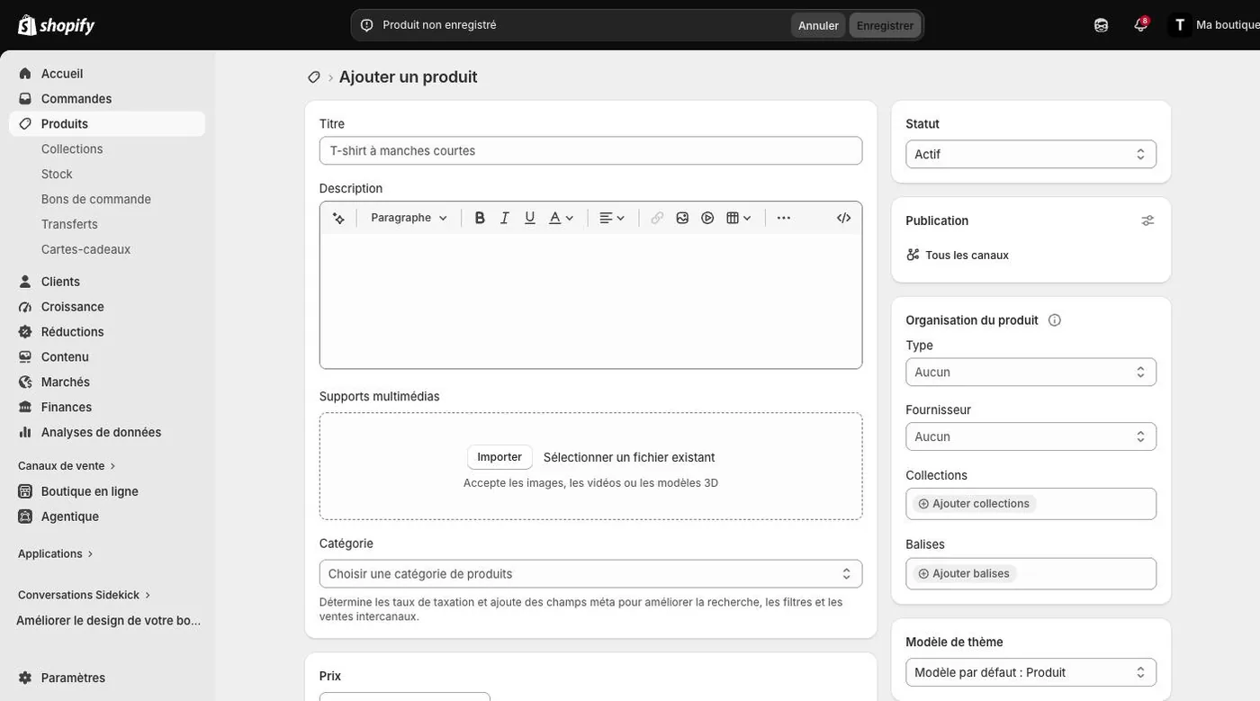 Page produit Shopify : titre, description, prix et images du produit