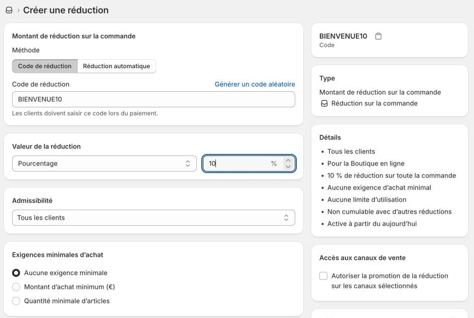 Code de bienvenue BIENVENUE10 créé dans Shopify