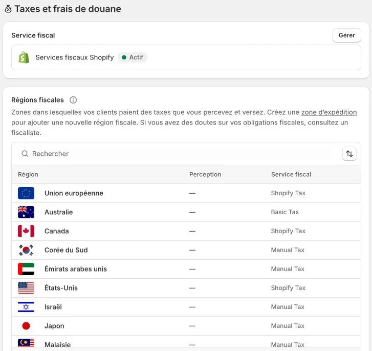 Paramètres > Taxes et frais de douane : services fiscaux Shopify actifs et régions fiscales