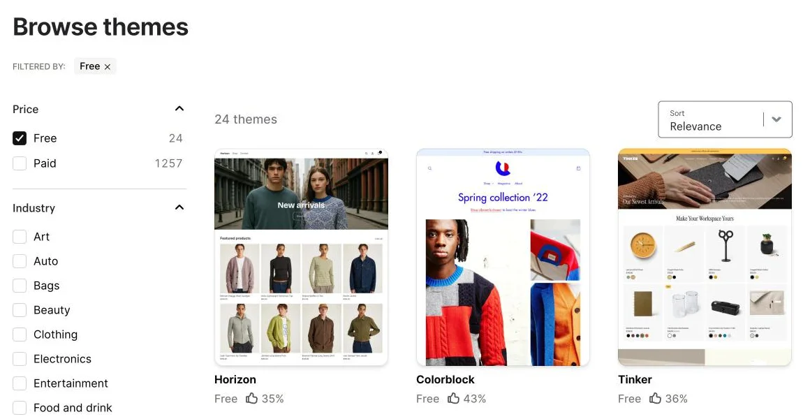 Theme Store de Shopify filtrée sur les thèmes gratuits