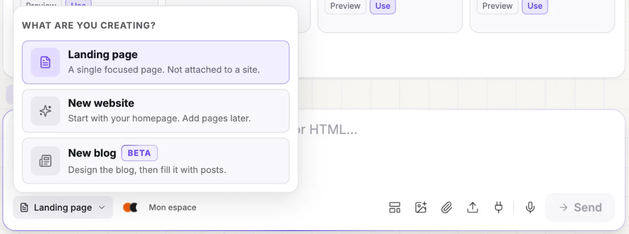« What are you creating? » menu with the « New website » option