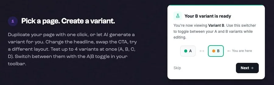 Interface de test A/B Leadpages : variante originale et variante de test avec répartition du trafic